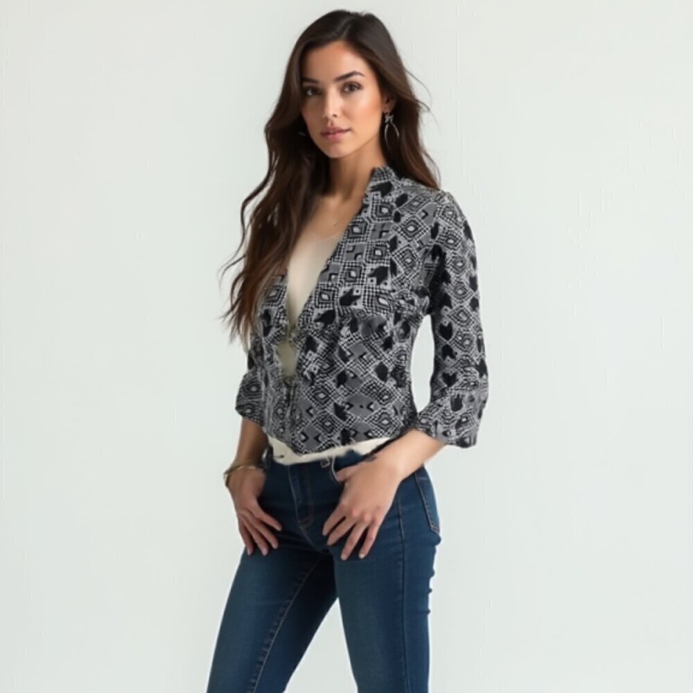 Metalicus Australia OS Geometric Print Cropped Jacket |Boho Stretch Layering ❤️